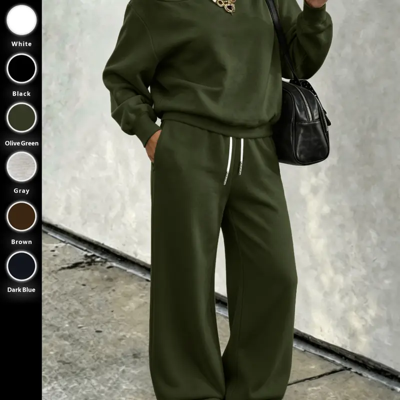 Women's Two-Piece Set, Fall, Asymmetrical Sweatshirt and Wide-Leg Pants, Soft Knit Fabric, Casual Daily Wear, Multiple Colors Available