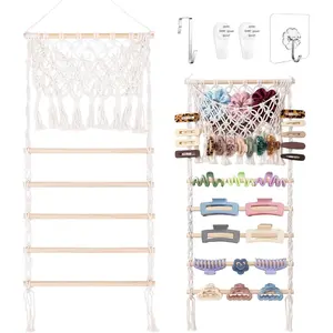 Hysagtek Hair Claw Clip Organizer - Large Capacity Mesh Bag Macrame Scrunchies Holder Hair Ties Organizer Claw Clips Hanger Home Boho Decor for Wall Door Closet