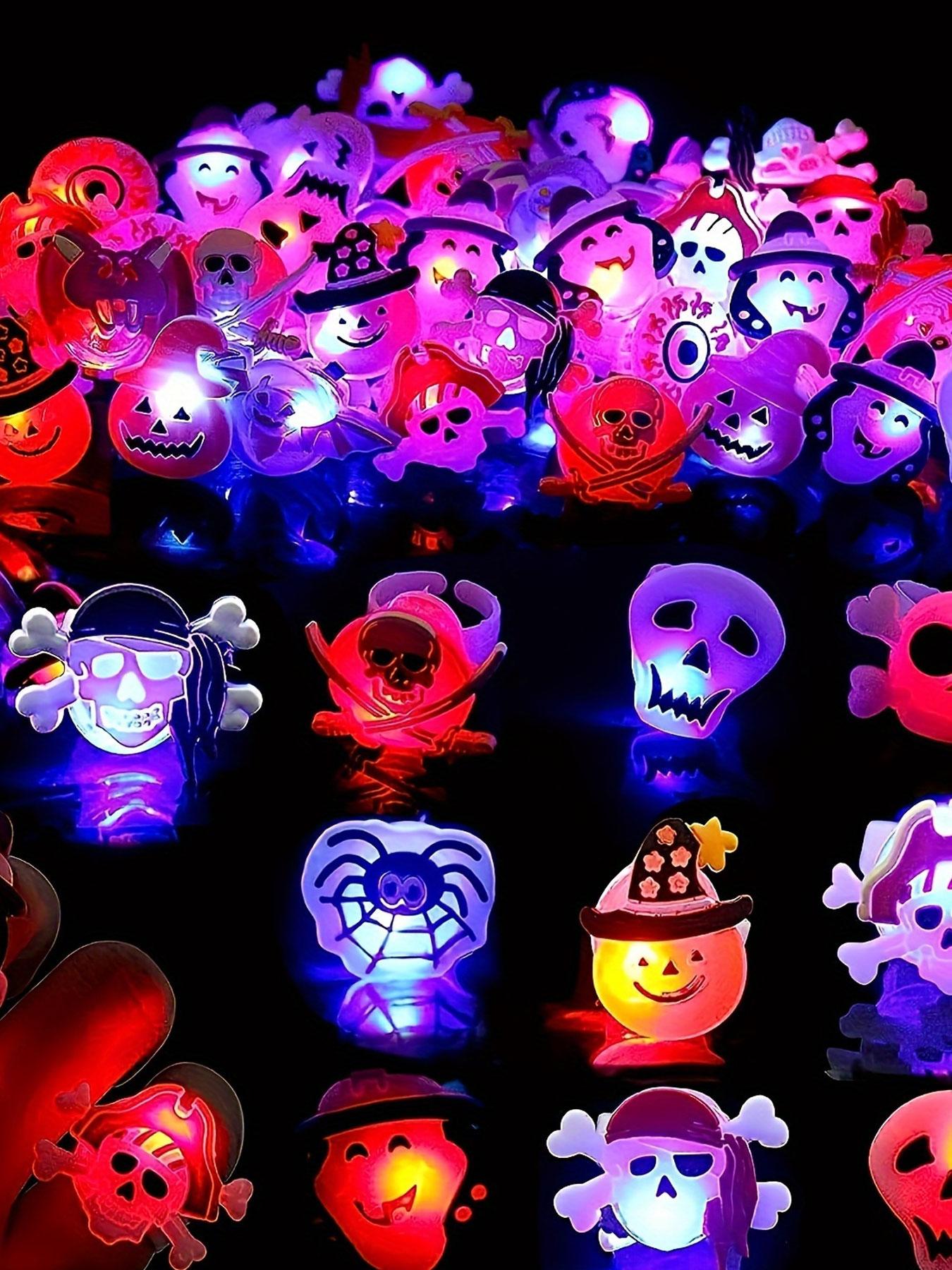 50 LED Halloween Christmas Rings, Cute Animal Flower Fruit Pumpkin Ghost Skull Santa Party Ring Gift, Holiday Decorations