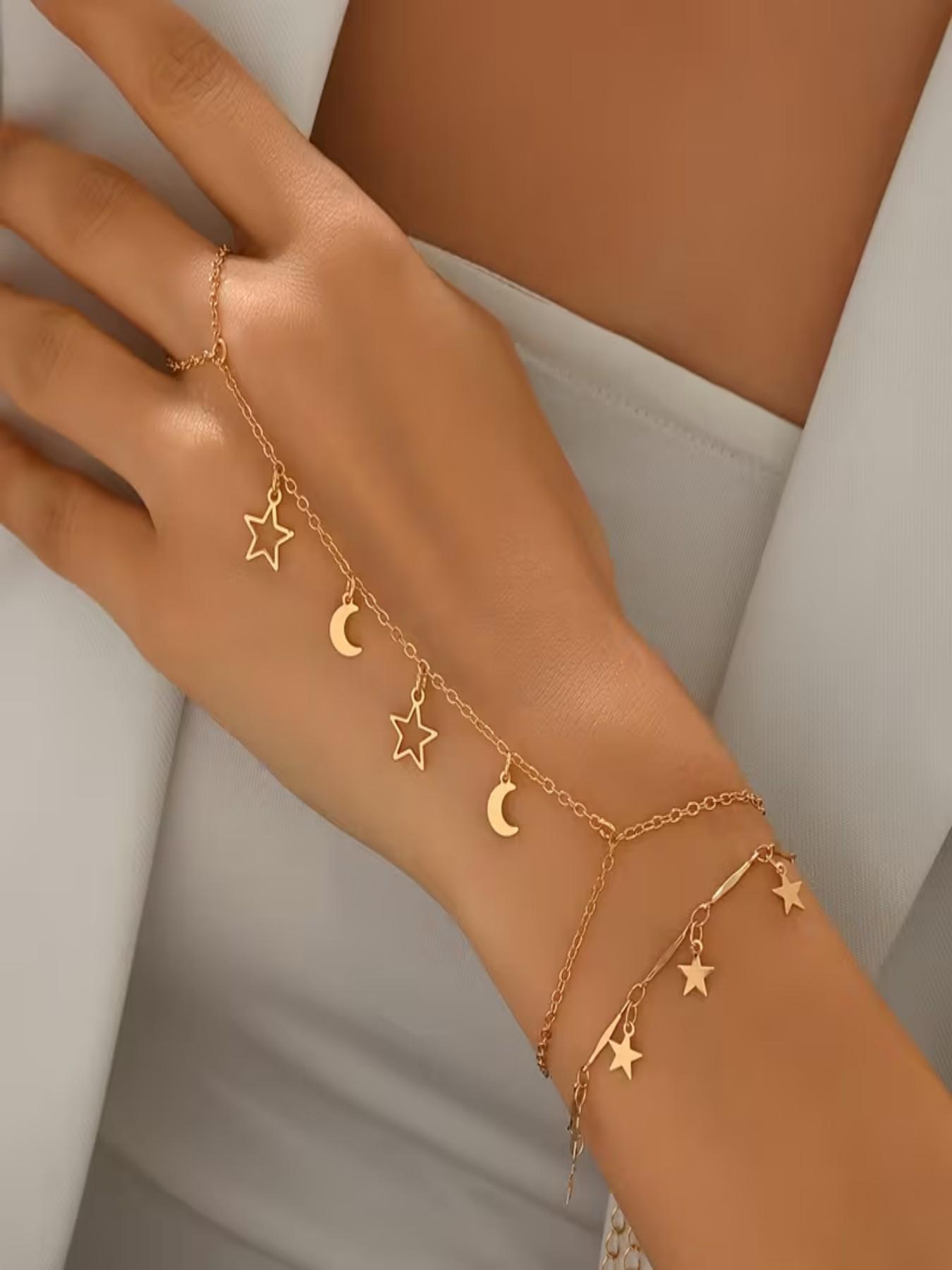 2pc Layered Bracelet, Retro Star Moon Design, Multi-Layer Connected Finger Bracelet, Casual Women's Accessory, Birthday Gift