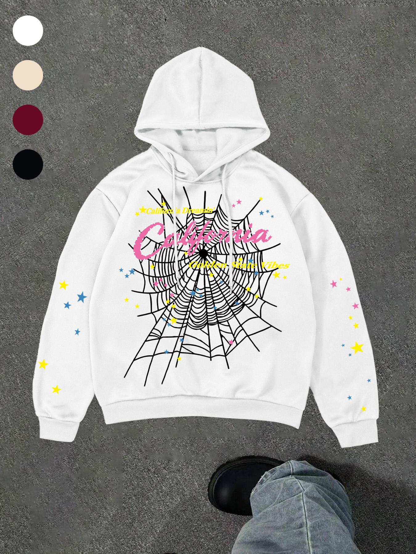 Men's Hooded Sweatshirt, Spider Web Pattern, Letter Print, Colorful Stars, Street Punk Style, Casual Fitted, Fall & Winter, Graphic Hoodie