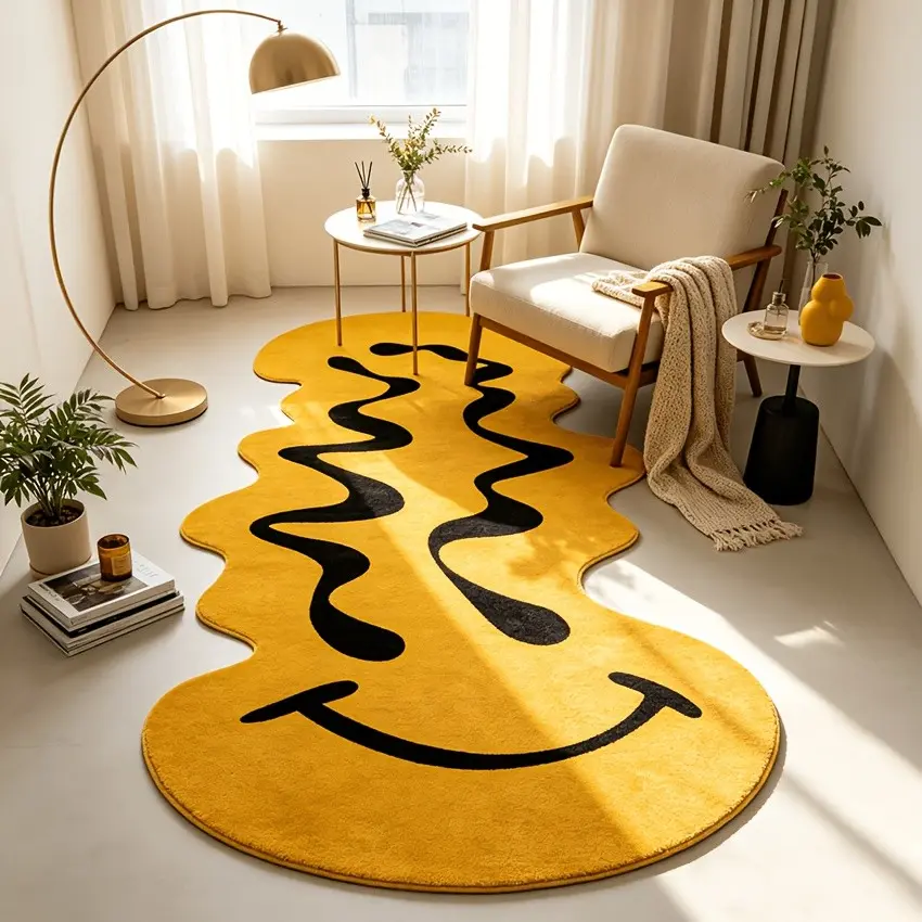 Fashion Unusual Shape Smiley Face Decorative Carpet, Art Style Foldable Plush Rug, Modern Indoor Rug, Home Decorative Rug, Decorative Fluffy Rug for Living Room, Bedroom, Corridor and Kitchen, Contemporary Rugs