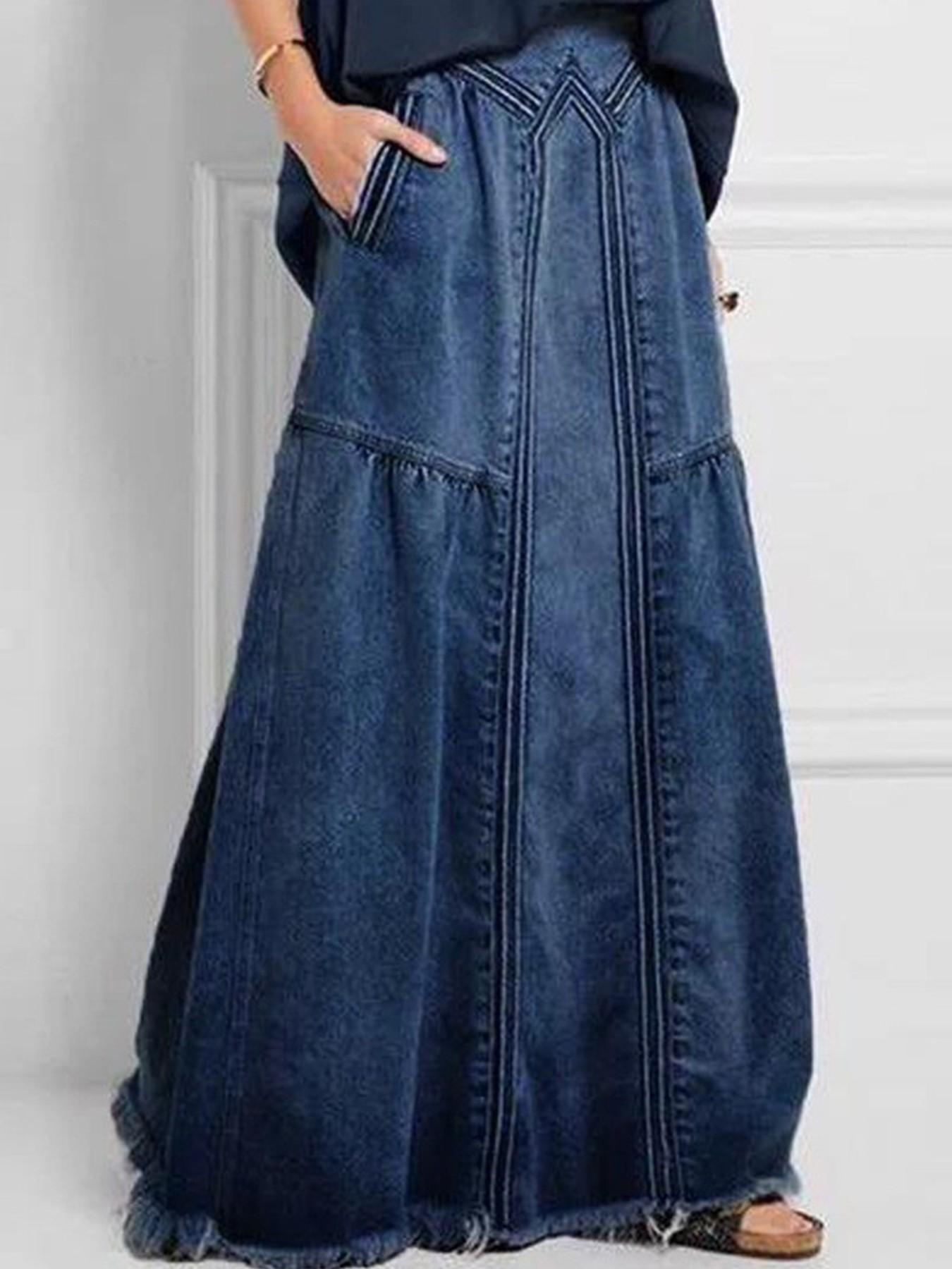 Women's Denim Skirt, Casual Loose-Fitting Baggy Maxi Skirt, Elastic Waist, Plain Surface, All Seasons, Comfortable Street Style