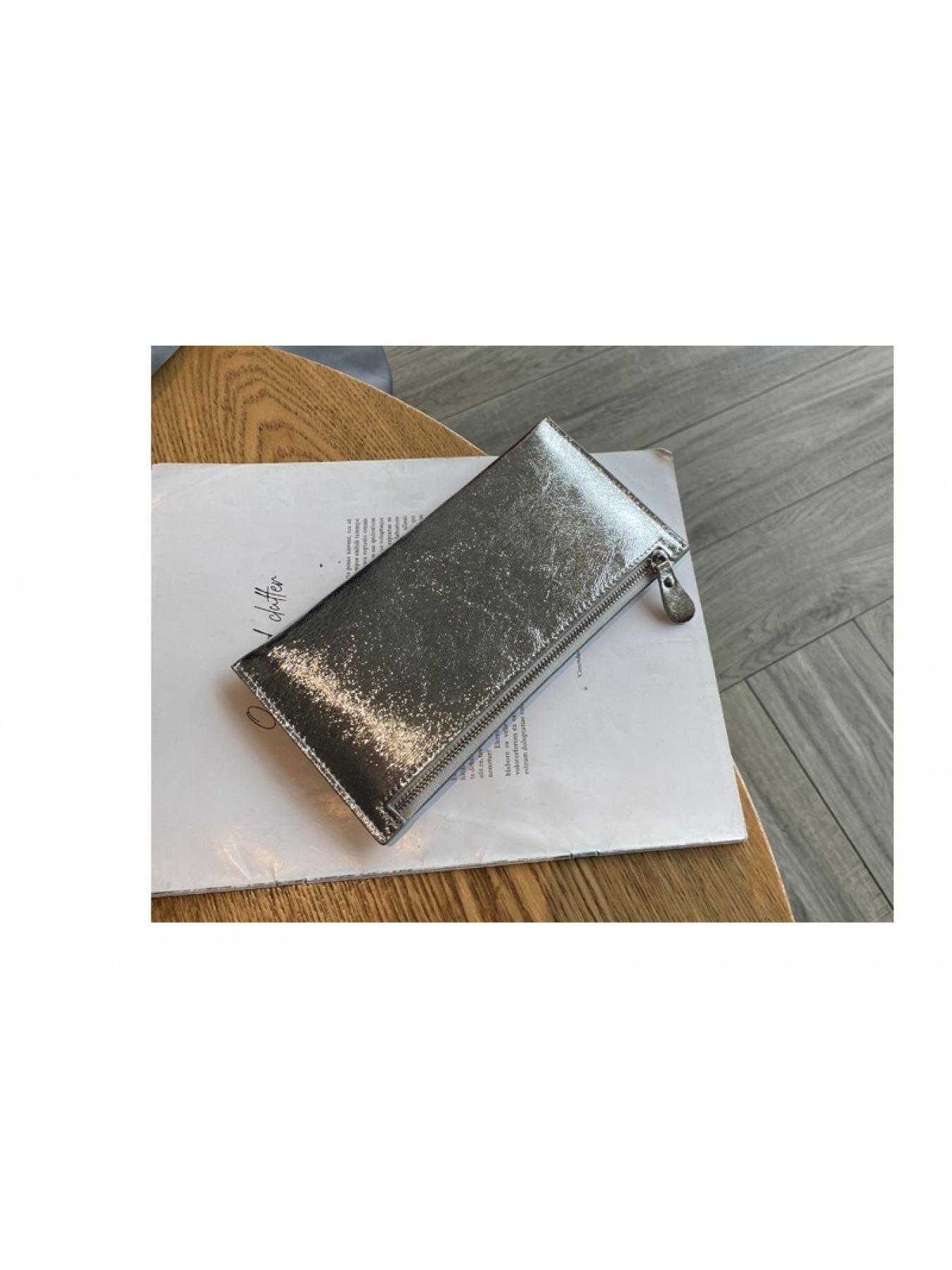 Minimalist Silver Metallic Wallet - Long Slim Zip Clutch Pouch, Versatile Daily Use Card & Coin Holder for Women