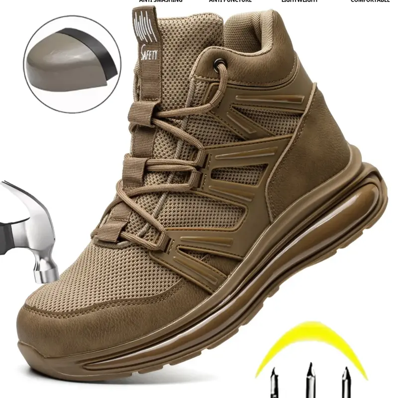 Men's Letter Pattern Steel Toe Slip Resistant Puncture Proof Construction Safety Work Shoes As Gift, Lightweight Breathable Anti-slip Protective Work Shoes Steel Toe Sneakers #GLOBAL PICKS