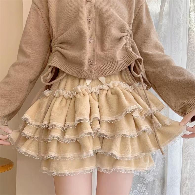 Autumn Winter Warm Lolita Safety Short Pants Women Sweet Chic Plush Bloomers Japanese Y2k Lace Bow Knickers Harajuku Cute Shorts