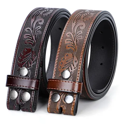 Unisex 2-Pack Cow Hide Tooled Leather Buckle-Free Replacement Western Belts - Artisan Engraved, All Year Round Casual Belt Replacements for Jeans