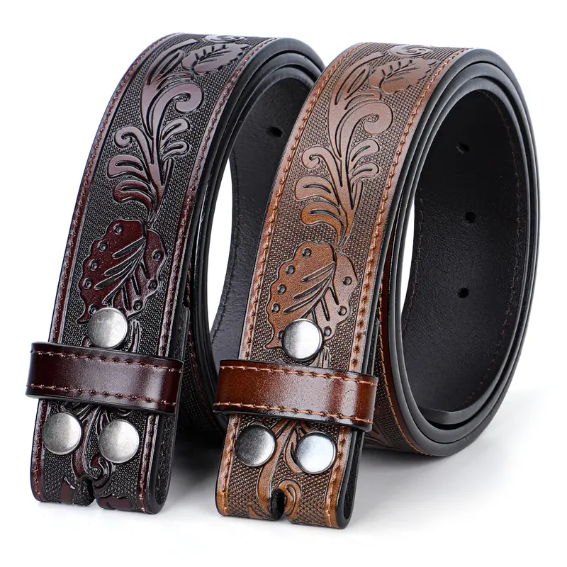 Unisex 2-Pack Cow Hide Tooled Leather Buckle-Free Replacement Western Belts - Artisan Engraved, All Year Round Casual Belt Replacements for Jeans