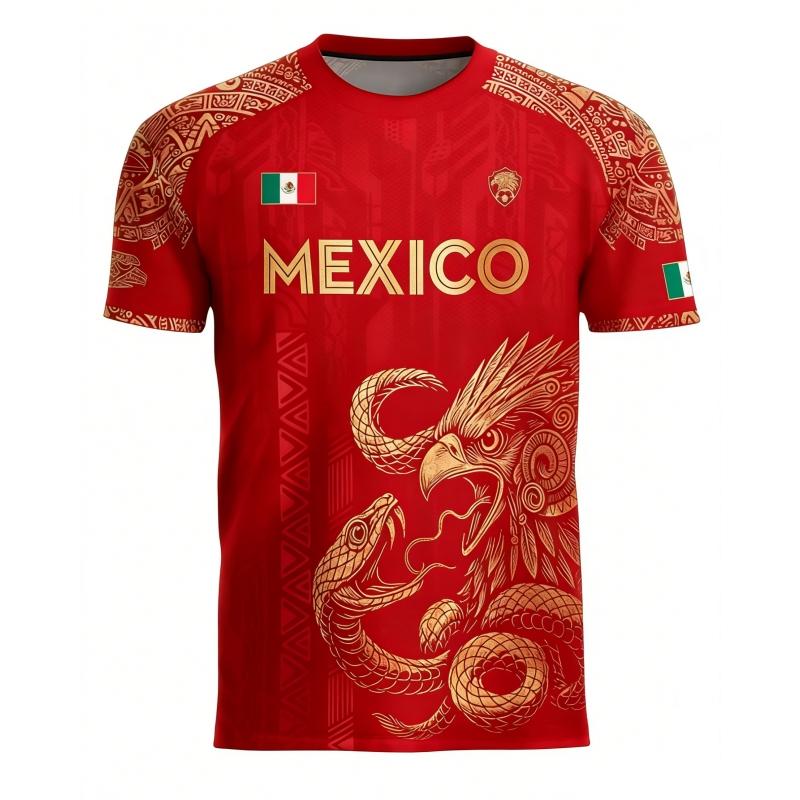 Mexican Aztec Eagle Traditional Soccer Jersey, Jersey Tee, Soccer Shirt, Full Print Design, Casual Comfort, Unique Animal Tribal Patterns, Classic Retro Style, Casual Sports Jersey