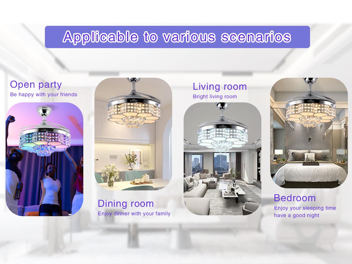 BAYSQUIRREL Retractable Crystal Ceiling Fan with Speaker,Remote/APP Control, 6 Speed Reversible RGB-LED Light,  Atmosphere Lighting Ambient Decoration Lamp, Excellent Gifts Changing Nightlight