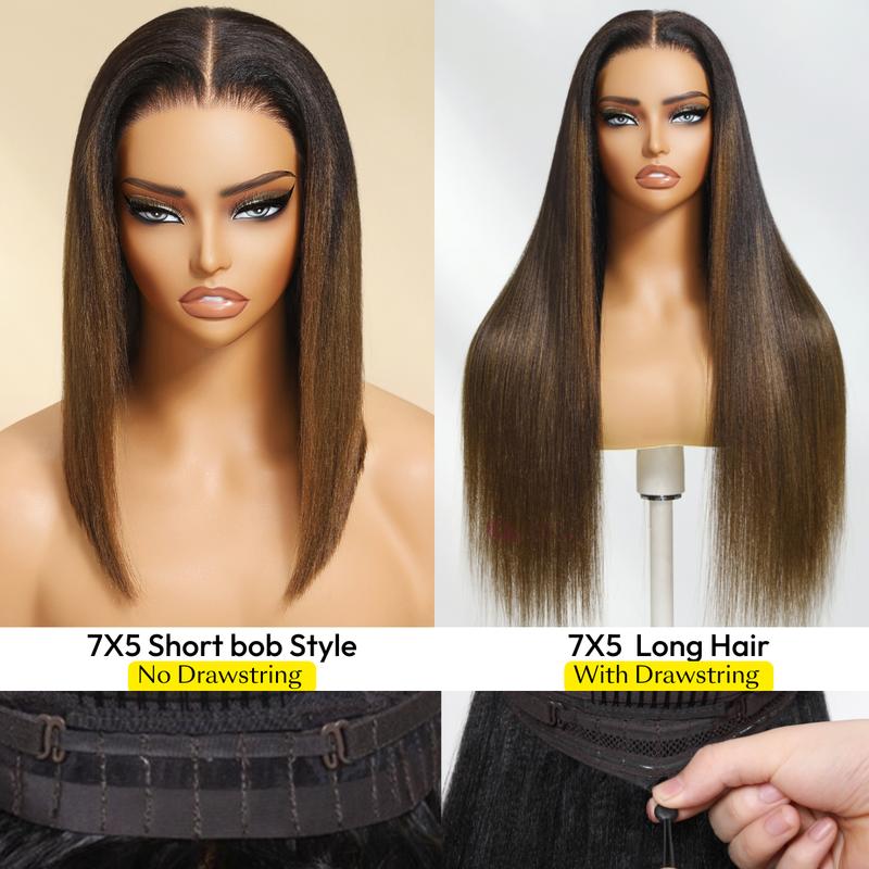 【Upgraded Drawstring】Lynee Monae’s style Sunber Yaki Straight Bob Pre-Cut 7X5 HD Lace Human Hair Wigs with Bye Bye Knots