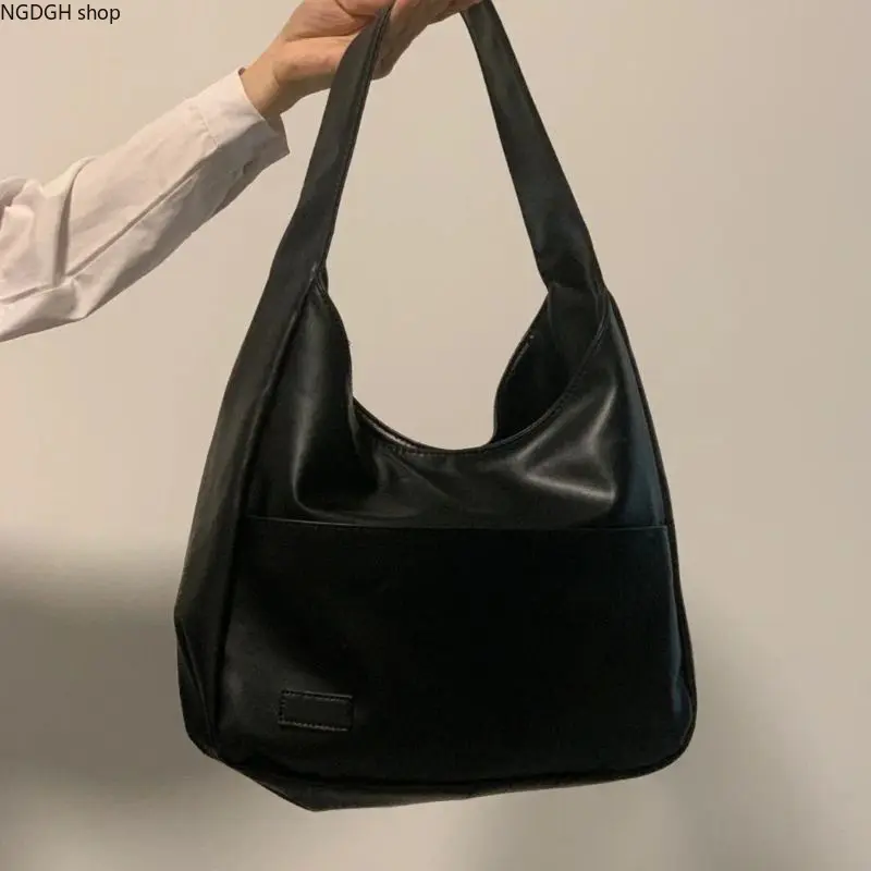 VintageSoftLeatherToteBagForCollegeGirls,SimpleSolidColorDroppedShoulderHoboBag,CollapsibleLightweightTopHandlePurse,MinimalistStreetStyleOfficeSchoolWeekendCommuteHandbag