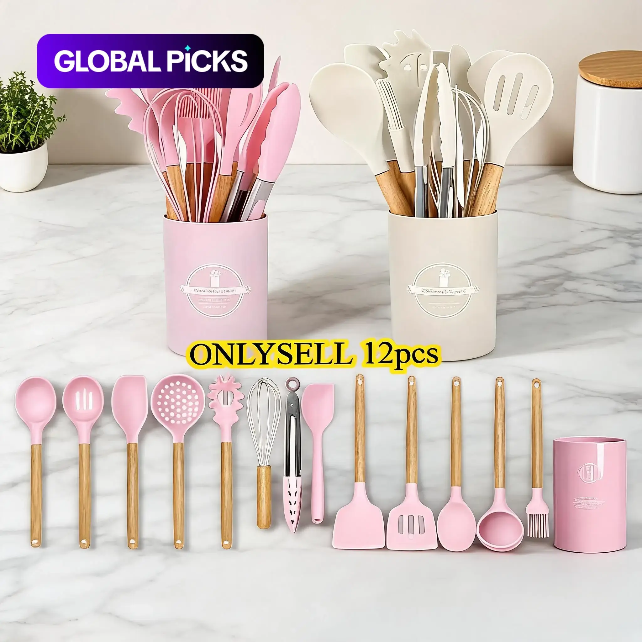 Silicone Kitchen Utensils Set, 12-Piece Non-Stick Cooking Gadgets with Beech Wooden Handle, Spatula Set for Home Use #GLOBAL PICKS