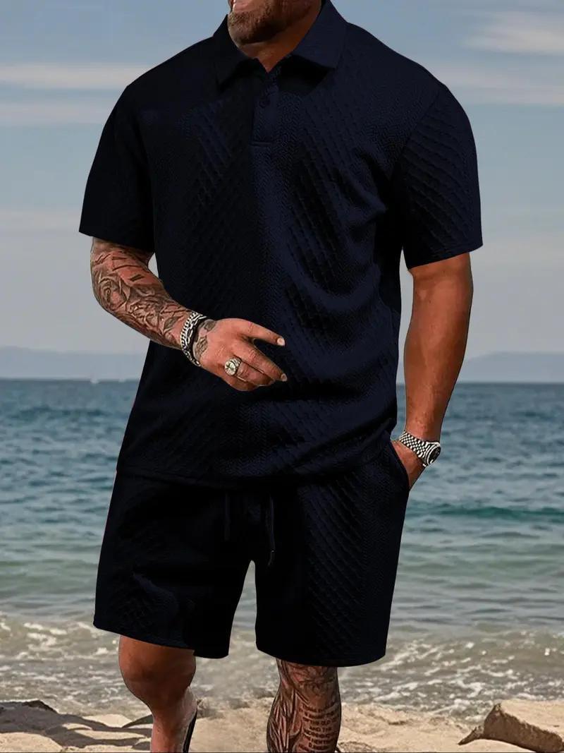 KZZ Men's Solid Polo Shirt & Drawstring Waist Shorts Set Cozy Breathable Two-piece Outfits for Daily Outdoor Wear Menswear Suits Casual Clothes,father'sdaygifts