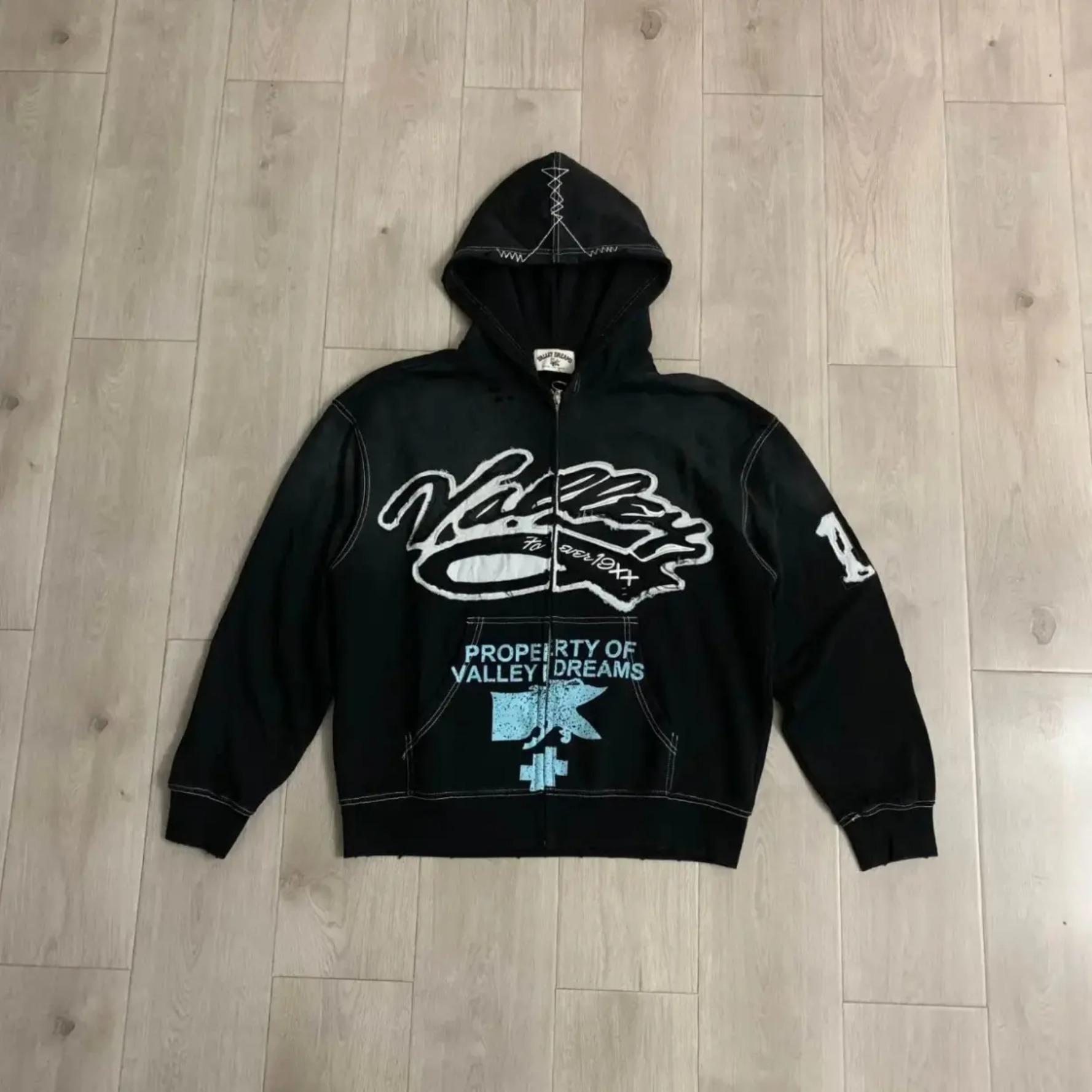 VALE VALLEY DREAMS Embroidered Patch Vintage Washed Zip Up Hoodie 380g Heavyweight 100% Cotton Loose Oversized Y2K Distressed Hooded Sweatshirt Autumn Winter Streetwear Jacket Top Unisex