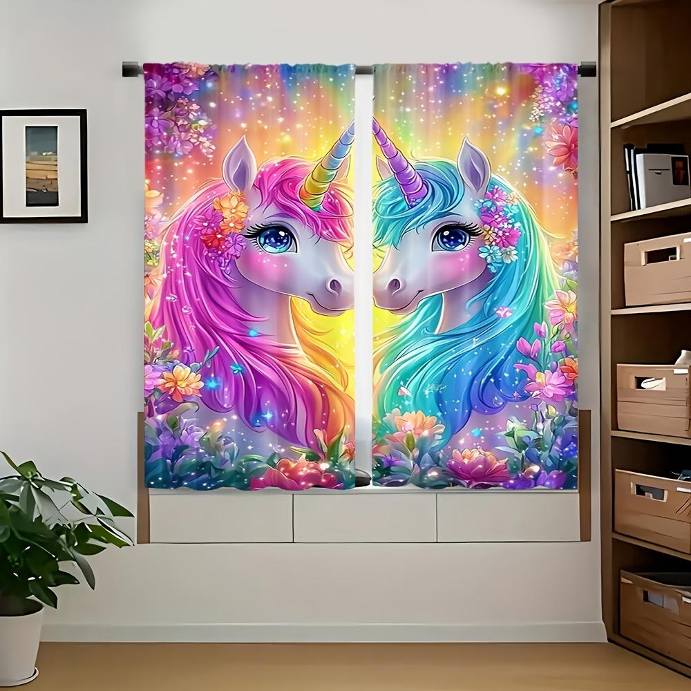 2 pieces, Magic Unicorn Flower Curtains with vibrant rainbow and sparkling star design - rod pocket style, semi-sheer polyester, suitable for home living room bedroom balcony kitchen study and bathroom window decoration, easy to clean.