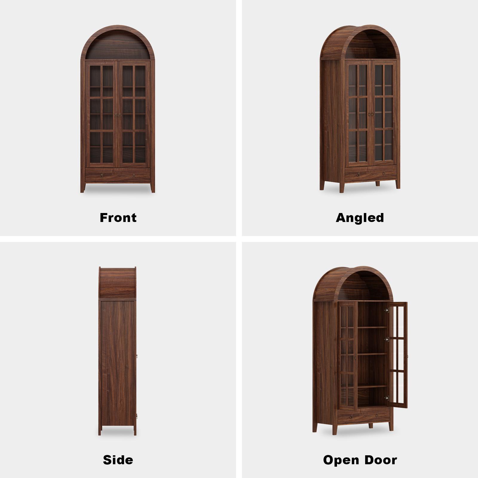 Farmhouse Arched Cabinet with Glass Doors, Wood Display Cabinet with Drawer and Adjustable Shelves, 71” Tall Bookshelf Modern China Storage Kitchen Pantry for Living Room,Office