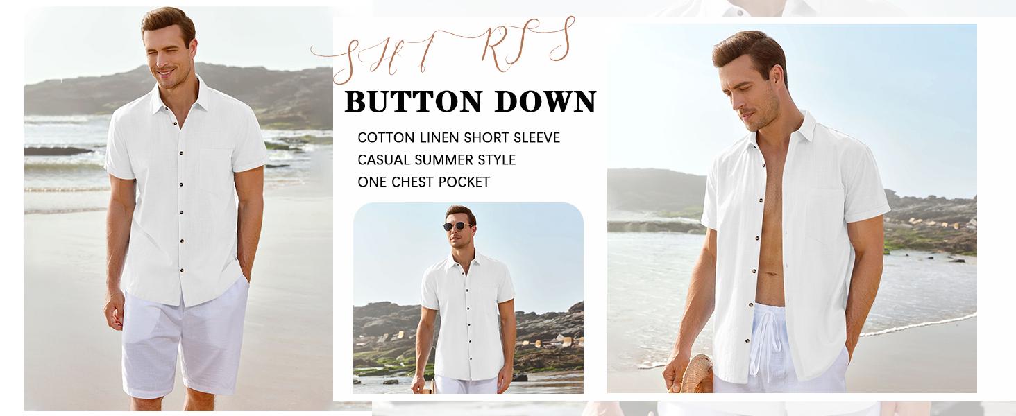 Runcati Men's Short Sleeve Button Up Shirts Linen Cotton Beach Tops Spread Collar Plain Summer T Shirt with Pocket