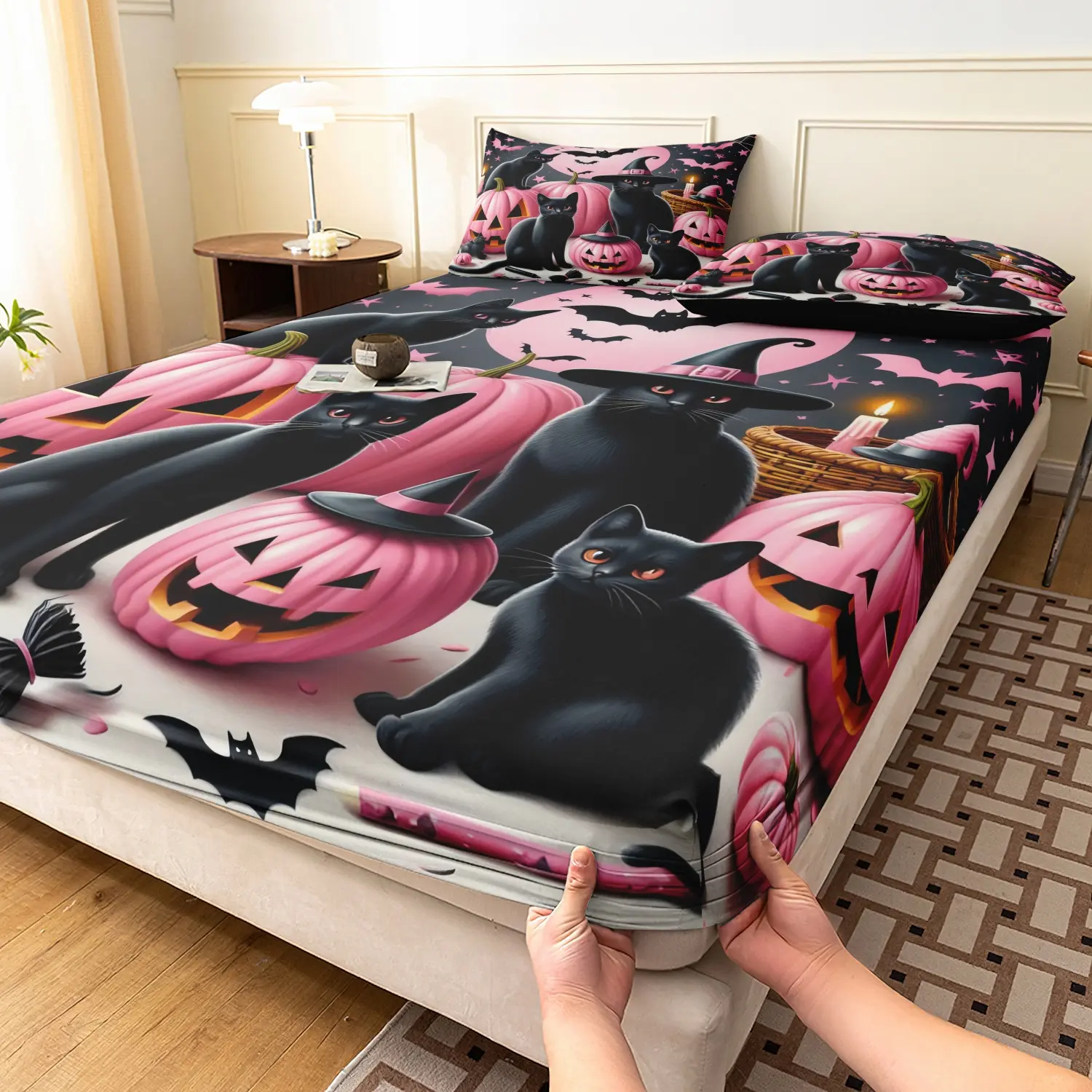 3 Pieces Pastel Halloween Print Fitted Sheet Set, Pink Pumpkin Black Cat Bat Moon Star Print Bedding, Spooky Cute Festival Home Textile Bedroom Decor  (1 Fitted Sheet + 2 Pillowcases, No Pillow)