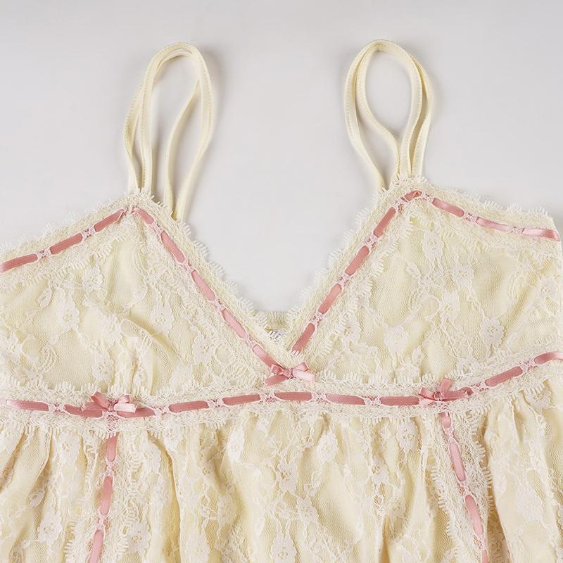 Cute Lace Bowknot Halter Top Y2K Style, Sweet Vintage Summer Tank, Double Layered Floral Trim, Adorable Girl's Sleeveless Blouse