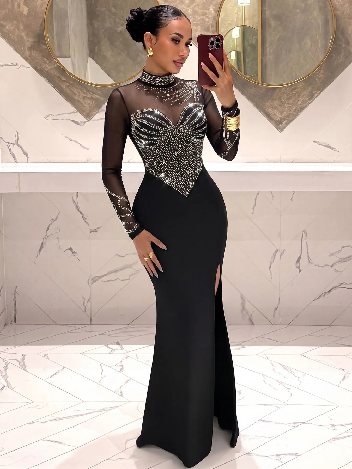 Women's Rhinestone Decor Contrast Mesh Split Thigh Bodycon Fit Cutout Slit Glitter Dress, Elegant Long Sleeve Stand Collar Formal Wear Evening Party Gown, Ladies Clothes for All Seasons