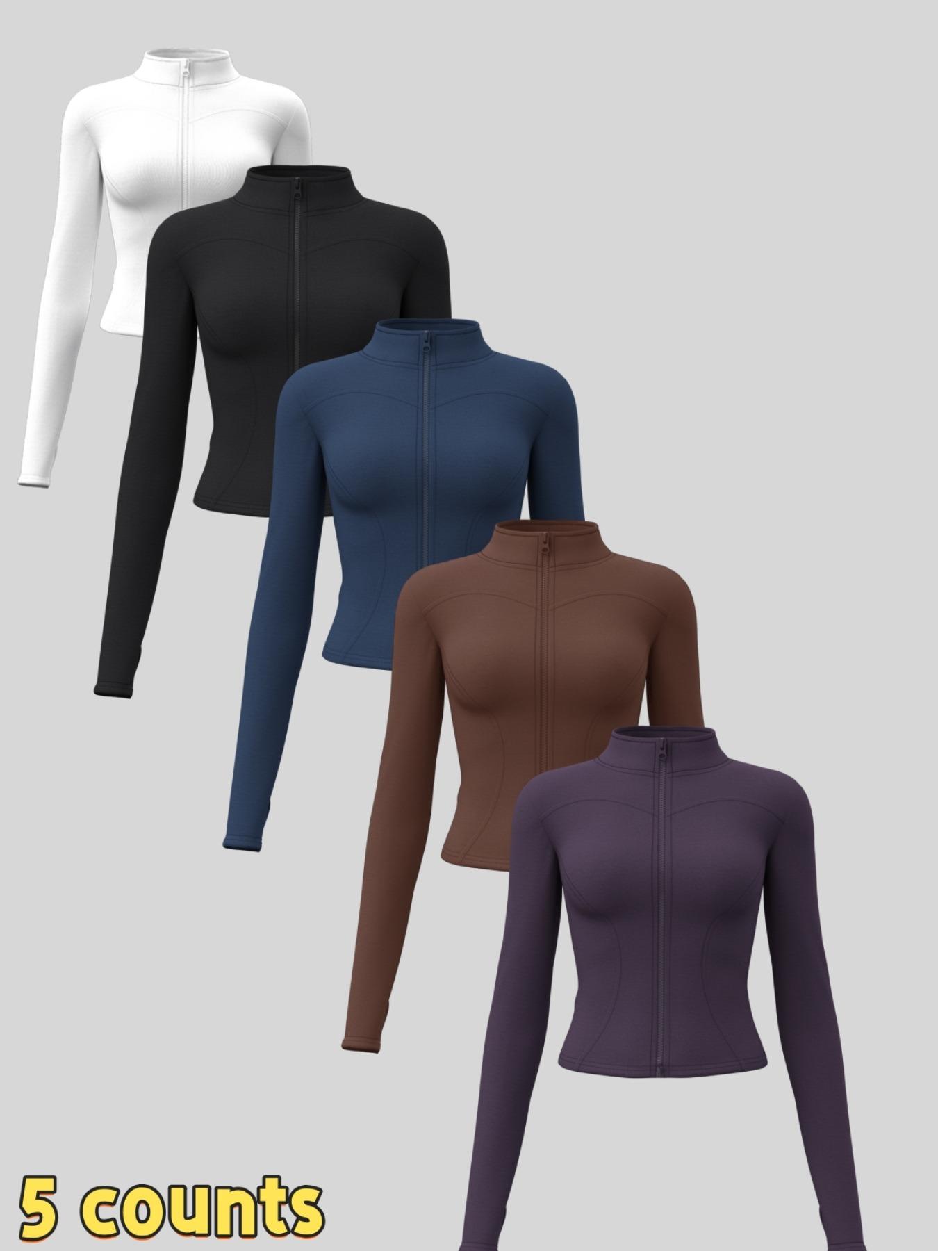 Women's Solid Zip Up Thumb Hole Sports Jackets, Casual Fashionable Jacket, Sporty Breathable Long Sleeve Stand Collar Outerwear for Gym Workout Running, Ladies Sportswear for All Seasons