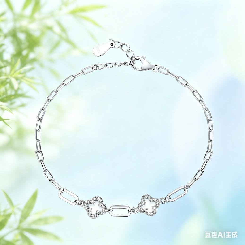 925 Sterling Silver Lucky Grass Charm Bracelet for Women Cubic Zirconia Adjustable Classic Wedding Jewelry