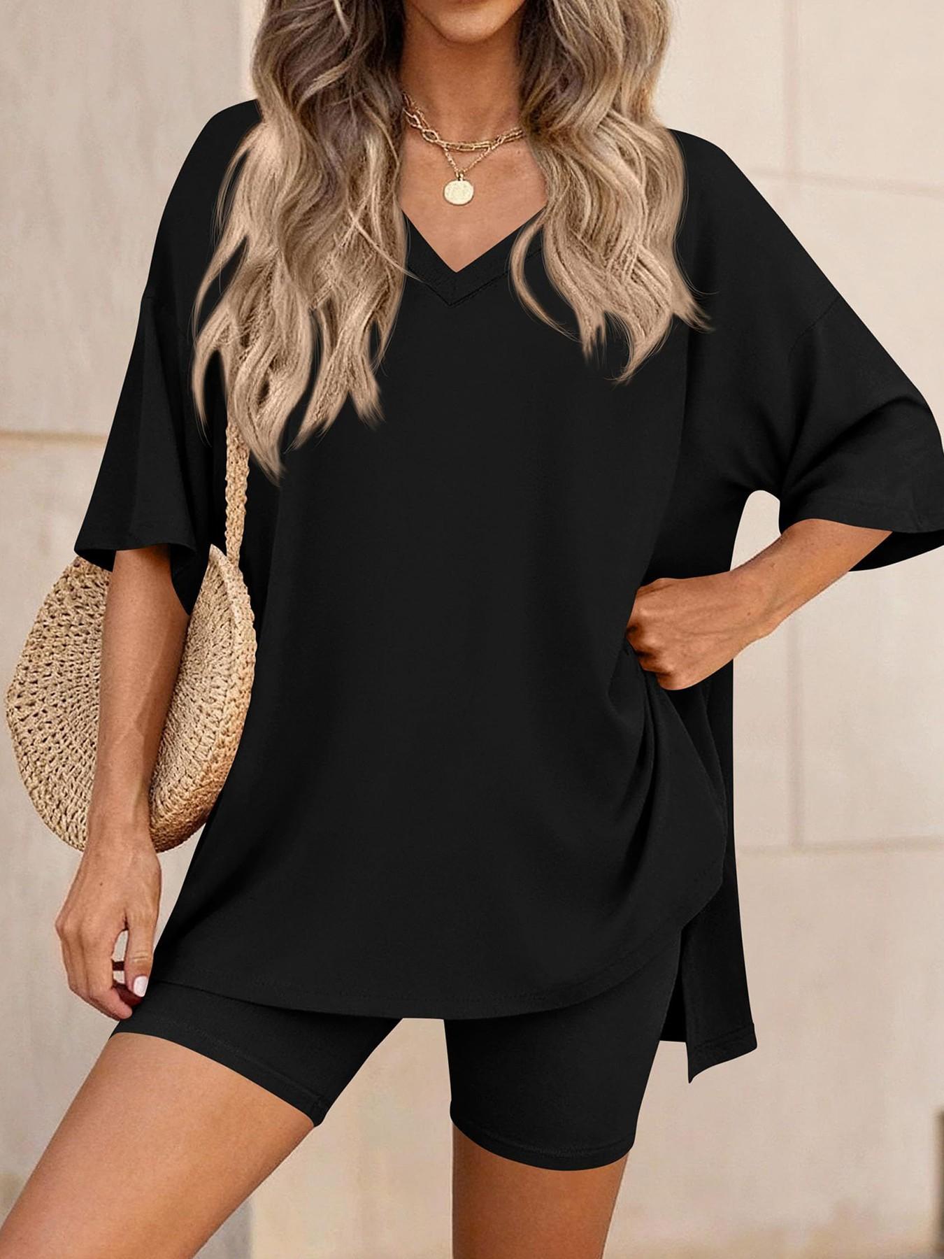 Women's V-Neck 2-Piece Lounge Set Loungewear, Oversized Shirt and Shorts, Spring/Summer Loose-Fit Matching Outfit for Daily Wear