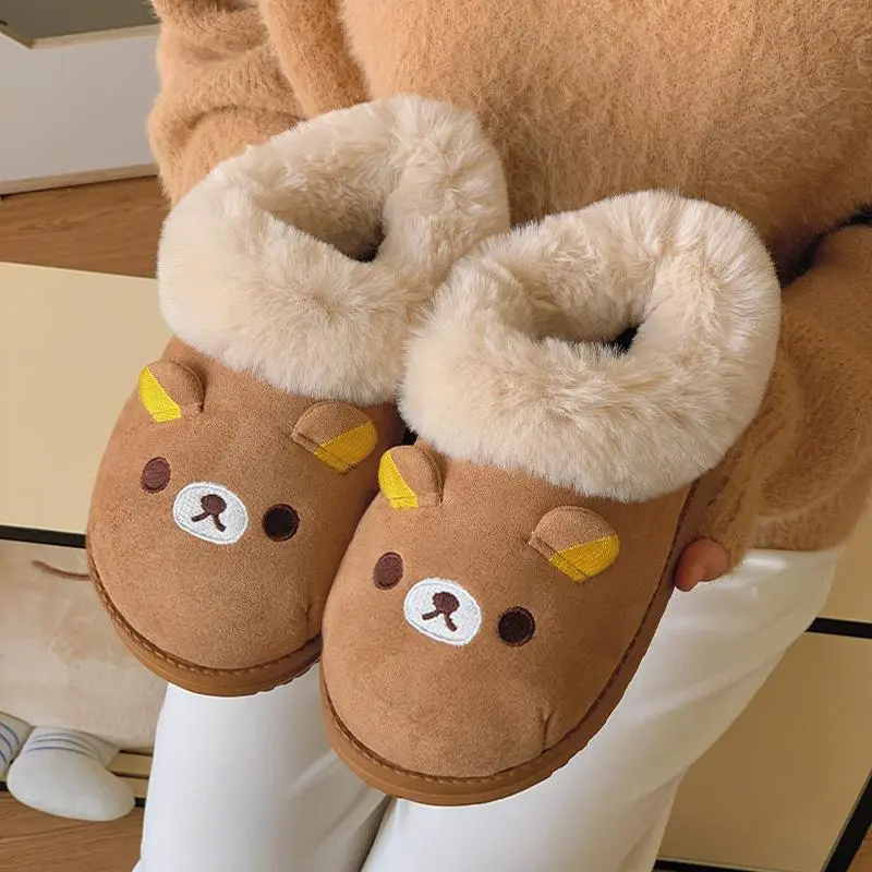 Women's Winter Cotton Rilakkuma Design Slip-On Footwear, Non-Slip Warm Plush Casual Home Shoes, Size 36-41