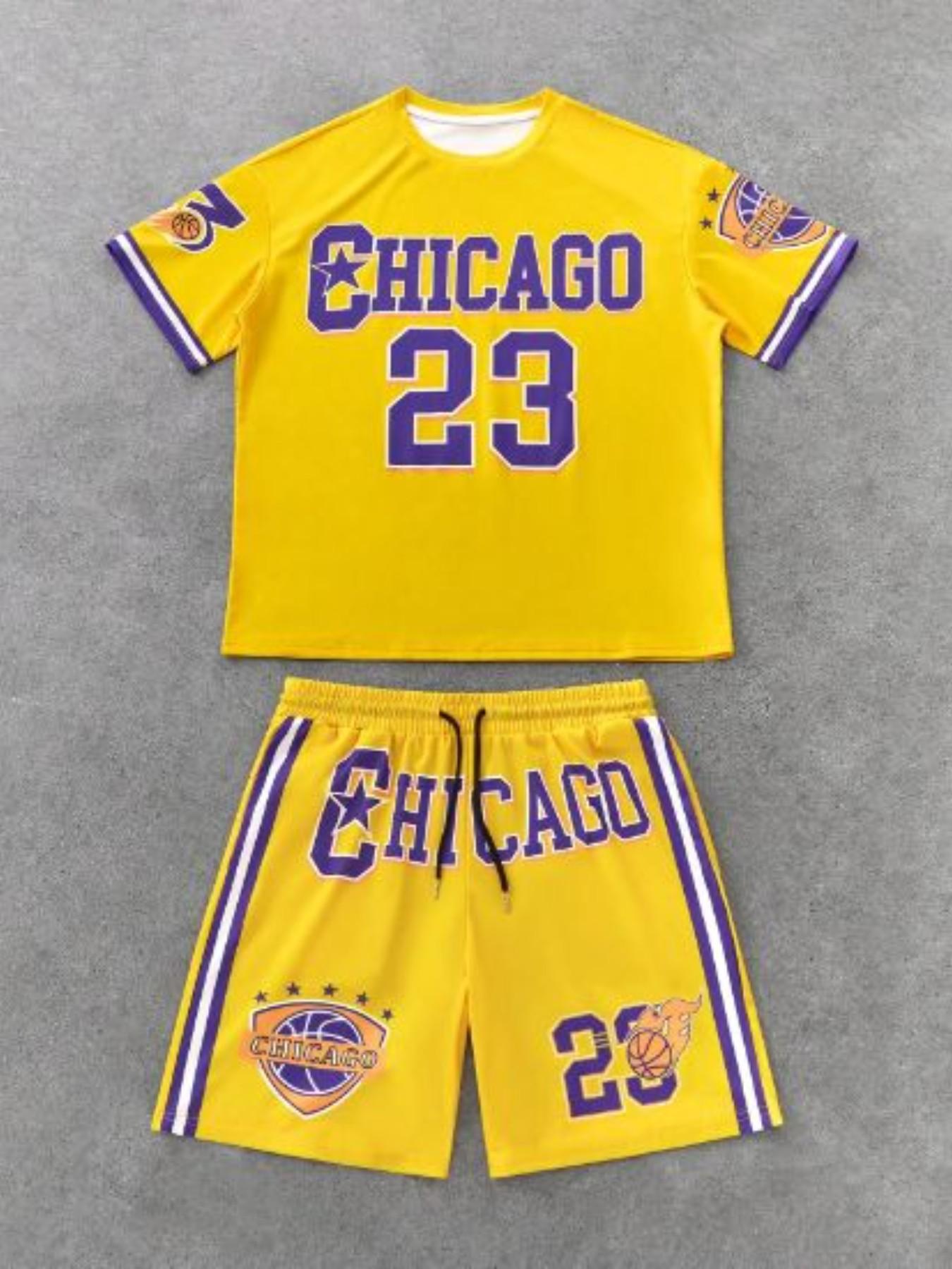 Men's Fashion Round Neck Short Sleeve Set, Chicago Letter Number 23 Digital Print, Summer Casual, Comfortable Vacation Sports Wear