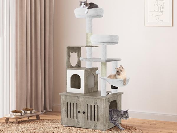 DWVO Cat Tree with Litter Box Enclosure, 2-in-1 Cat Furniture, Modern Cat Condo, Indoor Cat Tower with Wood House, Perch, Food Station, Hammocks, Scratch Post, Hair Brush, 59 Inch