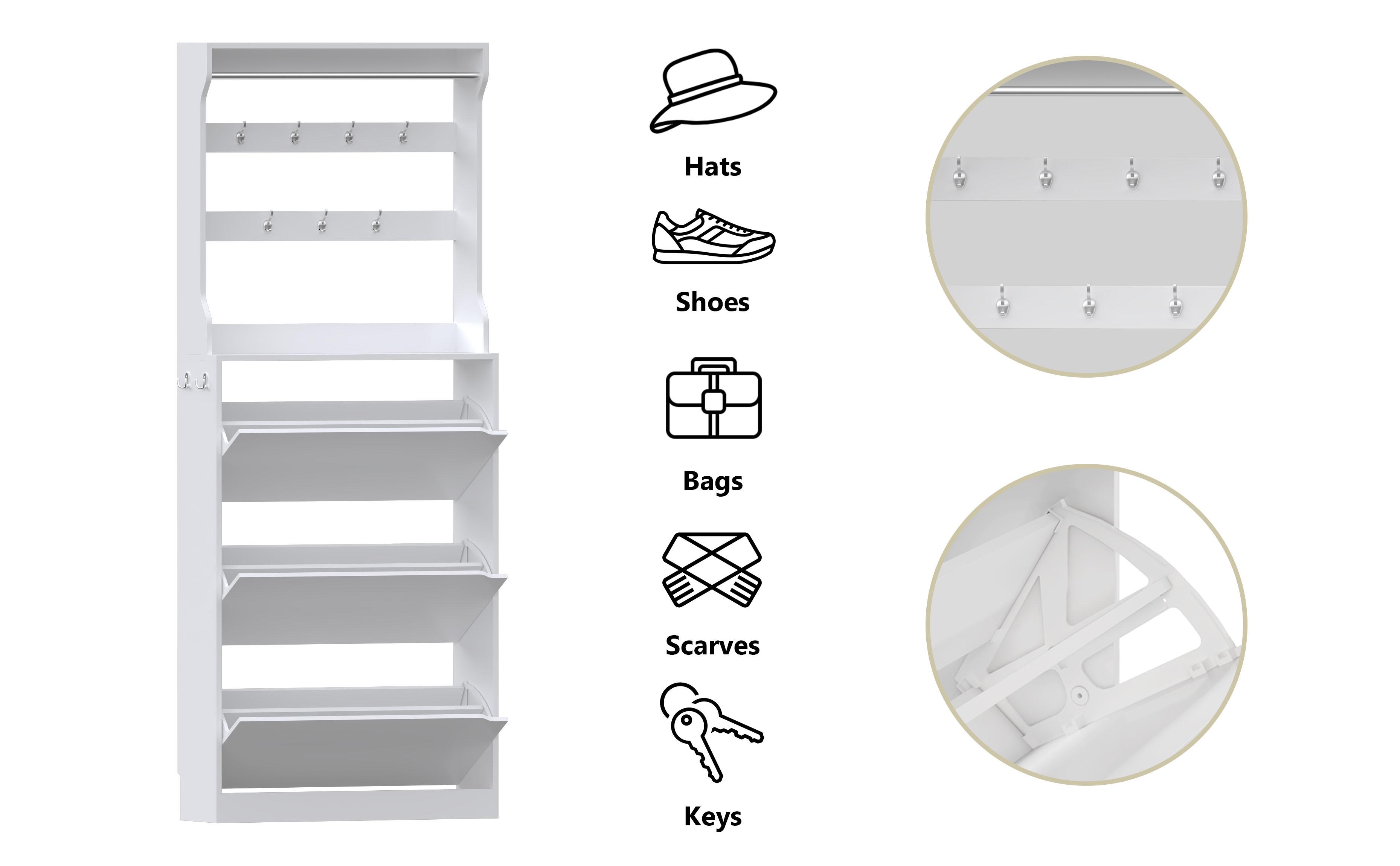 Home Decor Collection，Shoe Cabinet with 3 Flip Drawers & Coat Rack, Narrow Hidden Shoe Storage Cabinet, 2-in-1 Hall Tree Slim Freestanding Shoe Rack Organizer for Entryway, Hallway, and Living Room
