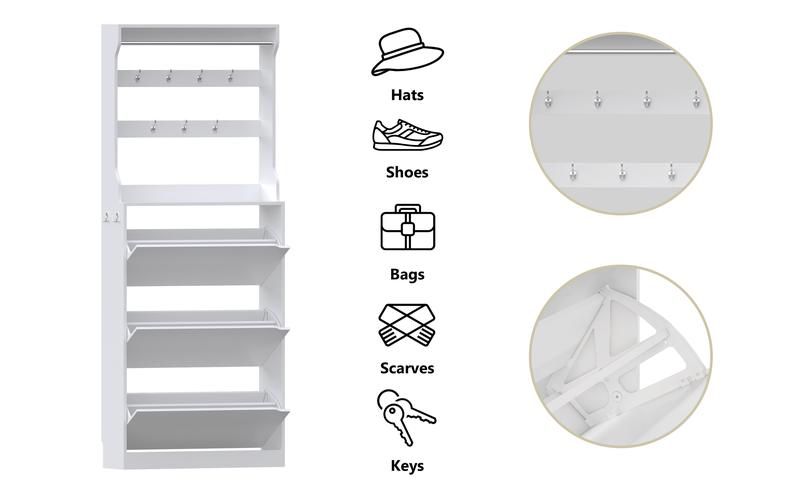 Home Decor Collection，Shoe Cabinet with 3 Flip Drawers & Coat Rack, Narrow Hidden Shoe Storage Cabinet, 2-in-1 Hall Tree Slim Freestanding Shoe Rack Organizer for Entryway, Hallway, and Living Room