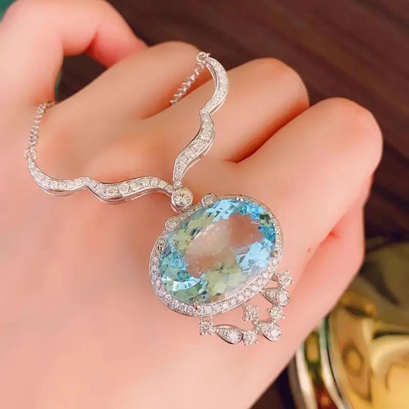 Temperament Elliptical Pigeon Egg Sea Blue Synthetic Zircon Plated Platinum Clavicle Chain Pendant Necklace Women's Jewelry