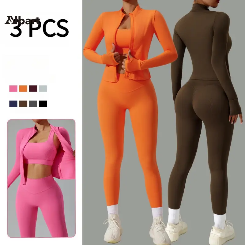 Women 3‑Piece Workout Outfit Set, Sports Bra + Zip Up Jacket + High Waist Yoga Leggings, Soft Stretchy Fitness Tracksuit For Gym Training Daily Casual Wear
