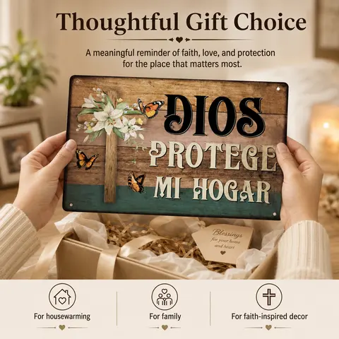 Lightweight Tin Metal Sign Wall Art - Retro Spanish Vintage, Religious Farmhouse Vibe, Rustic Wooden Texture, Butterfly Design, "Dios Protege Mi Hogar" Message, Waterproof Hanging Room Decor, Spiritual Gift, Living Room Plaque (1pc, No Electricity Needed)