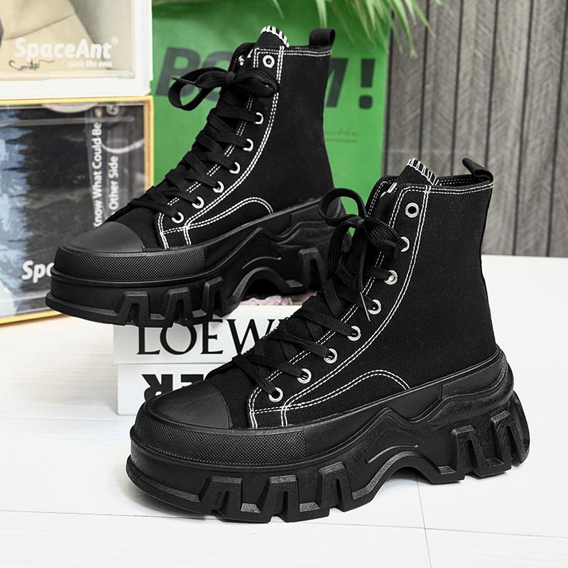 SLNU3 Brand Unisex Thick-Soled Height-Increasing High-Top Casual Sports Shoes with Fabric Upper in Black, Plus Size for Women's Casual Wear