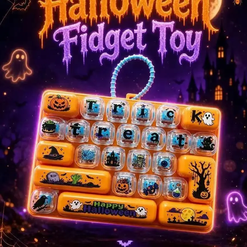 Halloween Mechanical Keyboard Fidget Toy Keychain - 26-Keys Trick or Treat Clicker Pad, Spooky Pumpkin Ghost Button EDC Stress Relief Sensory ASMR Desk Gadget, Halloween Party Favor Gift