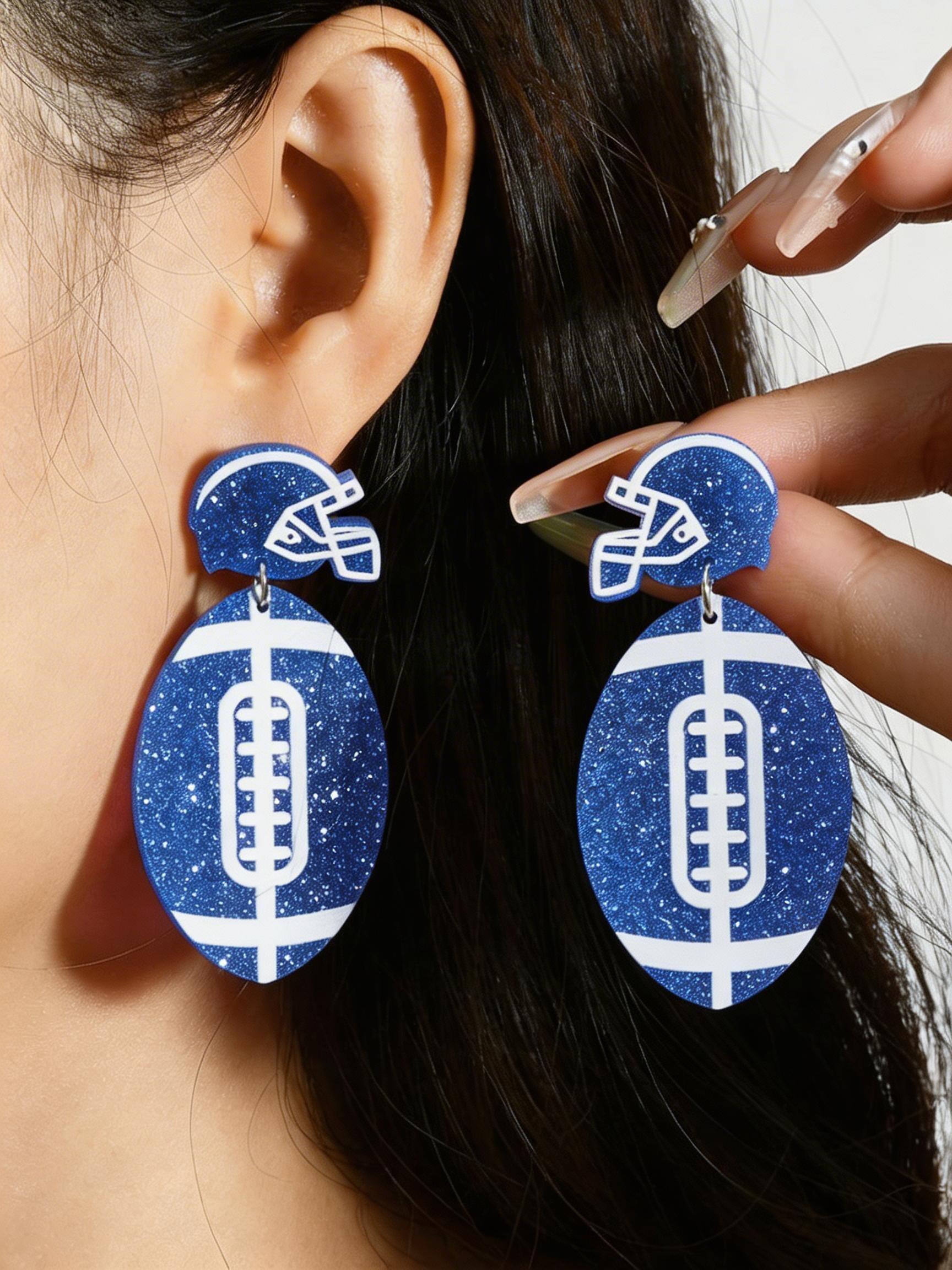 Lightweight Flashing Acrylic Blue Football Helmet Pendant Earrings, Super Bowl Event Jewelry, Daily Wear, Concert, Gift for Football Lovers