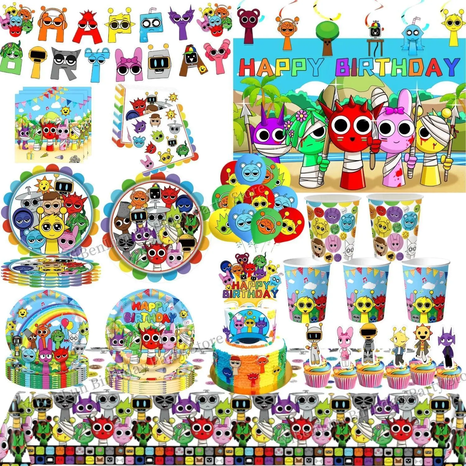 Incredibox Sprunki Cartoon Child Happy Birthday Party Supplies Set - Tablecloth, Cake Topper, Plates, Cups, Balloons, Kid Favors, Home Decor Cardboard Cutouts