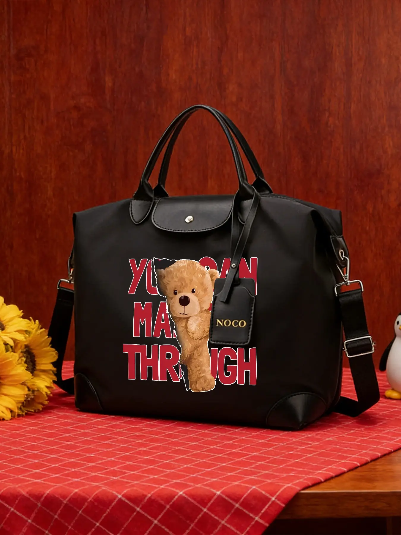 Teddy Bear "YOU CAN MAKE IT THROUGH"Pattern Crossbody Bag, Stylish Tote Bag, Casual Shoulder Bag, Large‑capacity Handbag, Adjustable Shoulder Strap, Wearable As Crossbody or Hand‑held, Suitable for Work and Daily Commuting, An Ideal Gift.