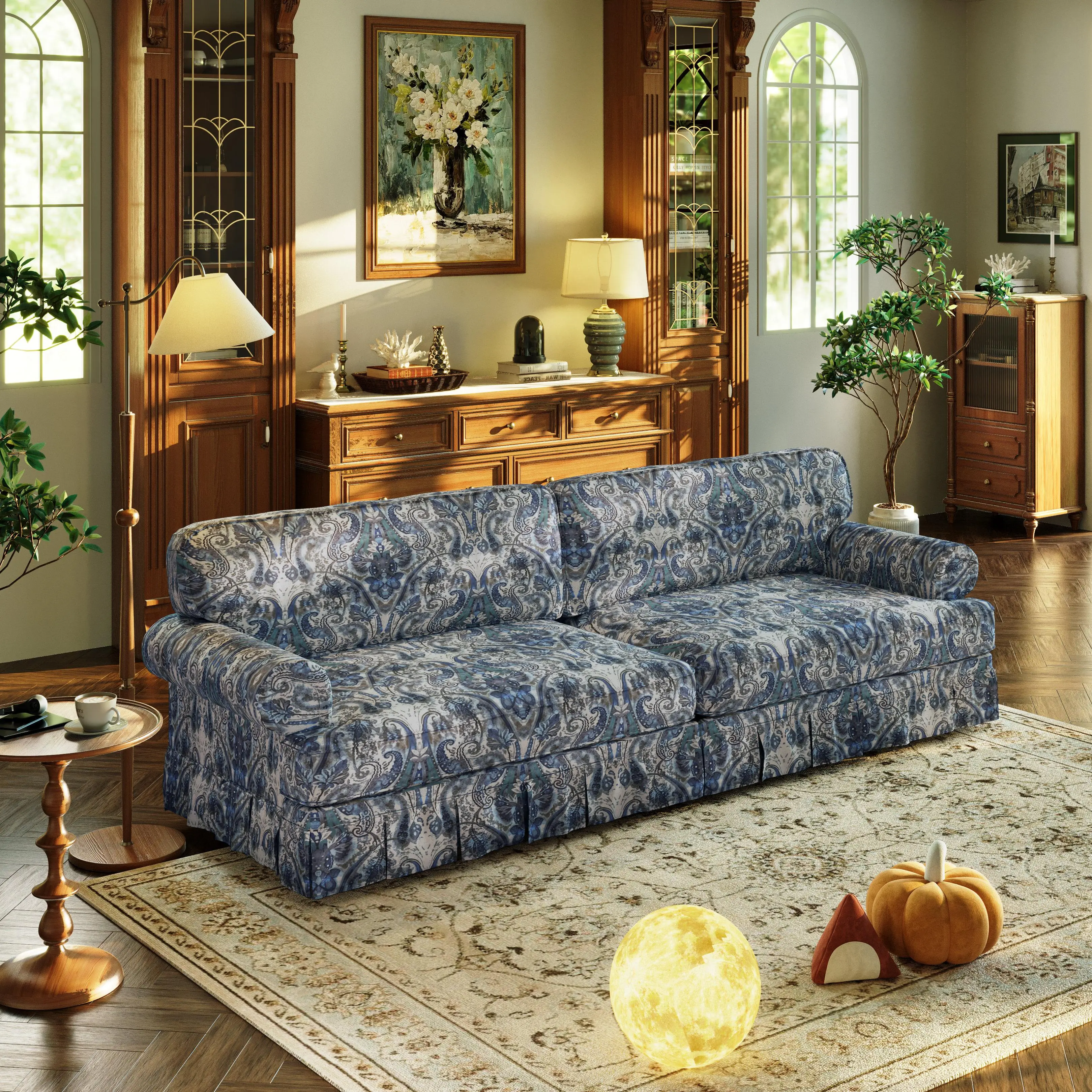 93.7" Blue Floral Oxford Fabric 4-Seater Sofa with Rolled Arms and Pleated Skirt, Mid-Century Cloud Couch for Living Room, Apartment, or Office