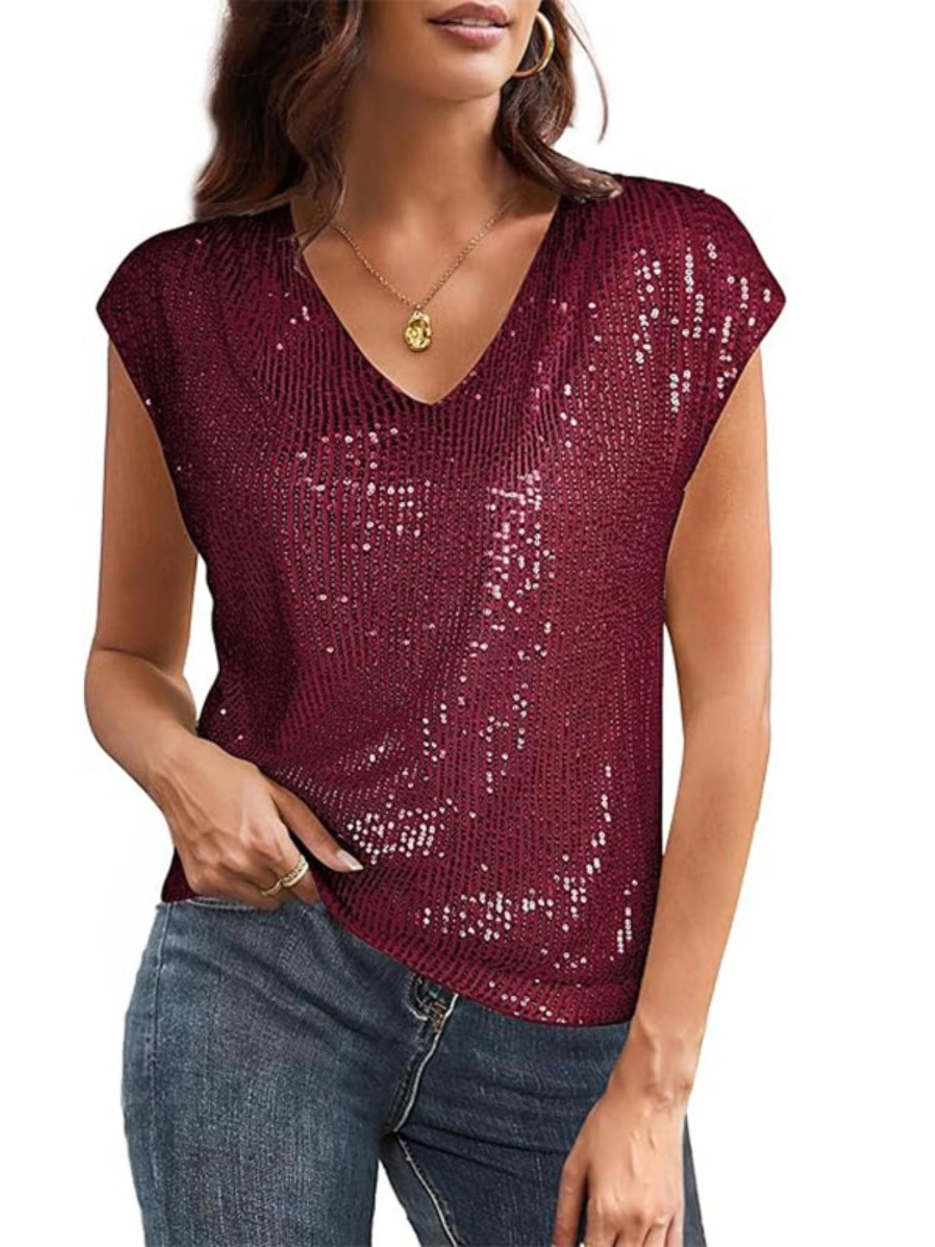 Women's V Neck Sequined Short Sleeve Top, Sparkling Backless Party Shirt, Stylish Casual Wear for Women, Perfect for Parties and Events