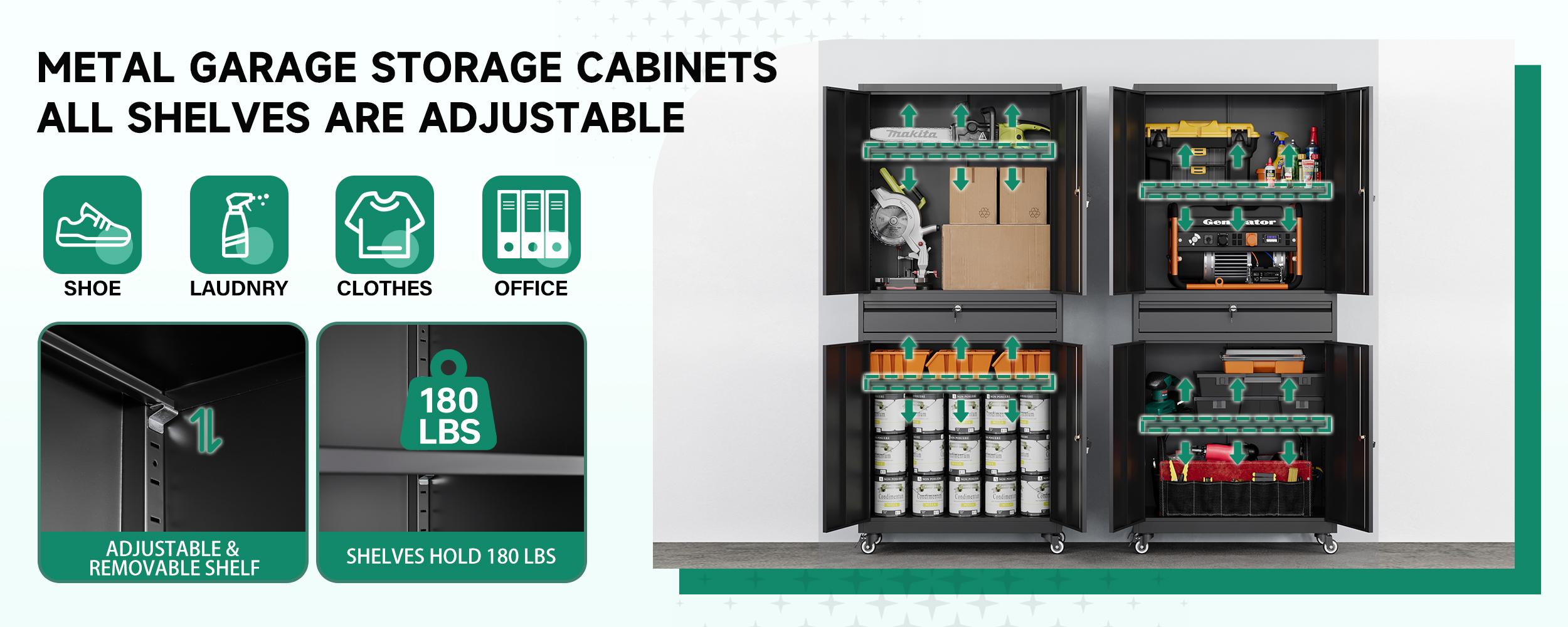 Yizosh Metal Garage Storage Cabinets with Drawer, 4 Doors Tool Storage Cabinet with 2 Adjustable Shelves, 72"-Rolling Steel Locking Cabinet for Garage Utility Room Home Office (White, 4 Wheel-72 H)