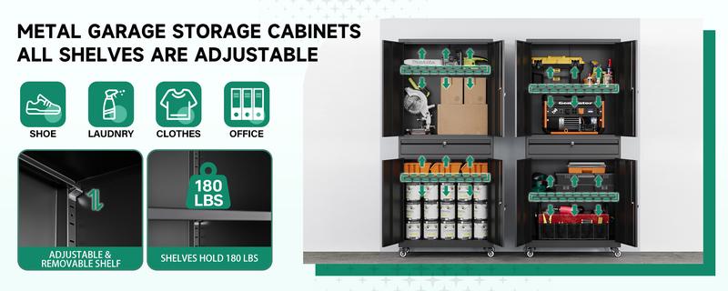 Yizosh Metal Garage Storage Cabinets with Drawer, 4 Doors Tool Storage Cabinet with 2 Adjustable Shelves, 72"-Rolling Steel Locking Cabinet for Garage Utility Room Home Office (White, 4 Wheel-72 H)