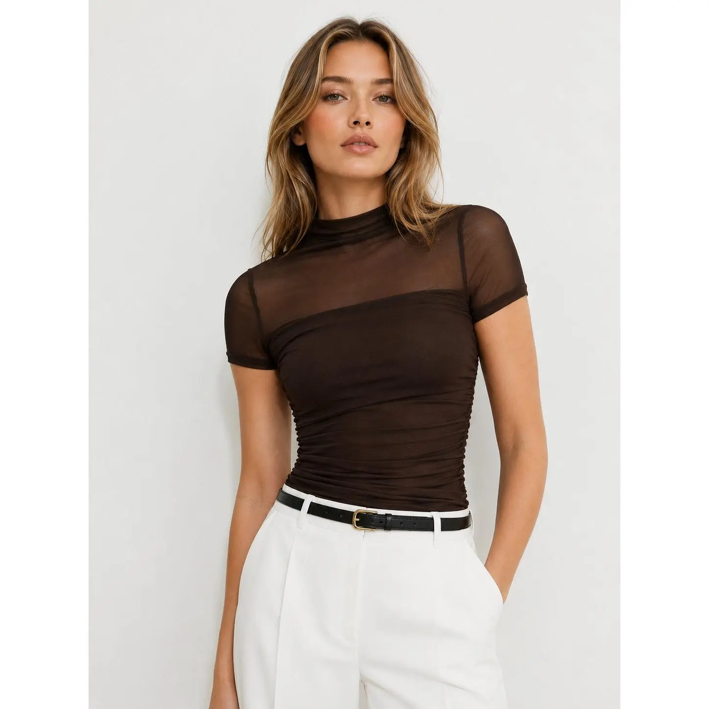 COMMENSE Women's Mock Neck Sheer Short Sleeve Blouse, Casual Shirt
