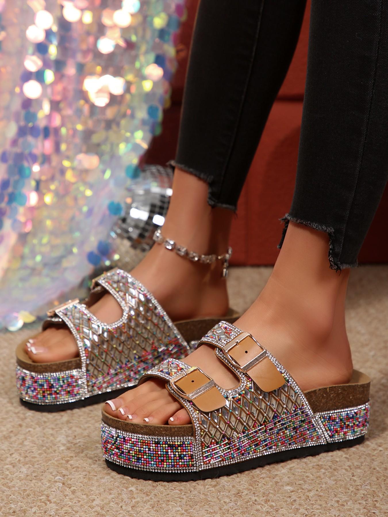 Women's Summer Fashion Thick Sole Sandals Bohemian Style Platform Slides 2026 New Trendy Rhinestone Colorful Stone Slippers O Wedge Beach Shoes Must-have for Coastal Vacation Flexible Sandals