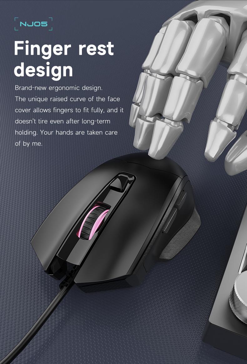 NJ05 wired office mouse with light sound buttons and finger drag design AJAZZ ergonomic office supplies mouse DPI3600 optical engine chip 125Hz 3D rubber roller lightweight 91g suitable for gaming and office use