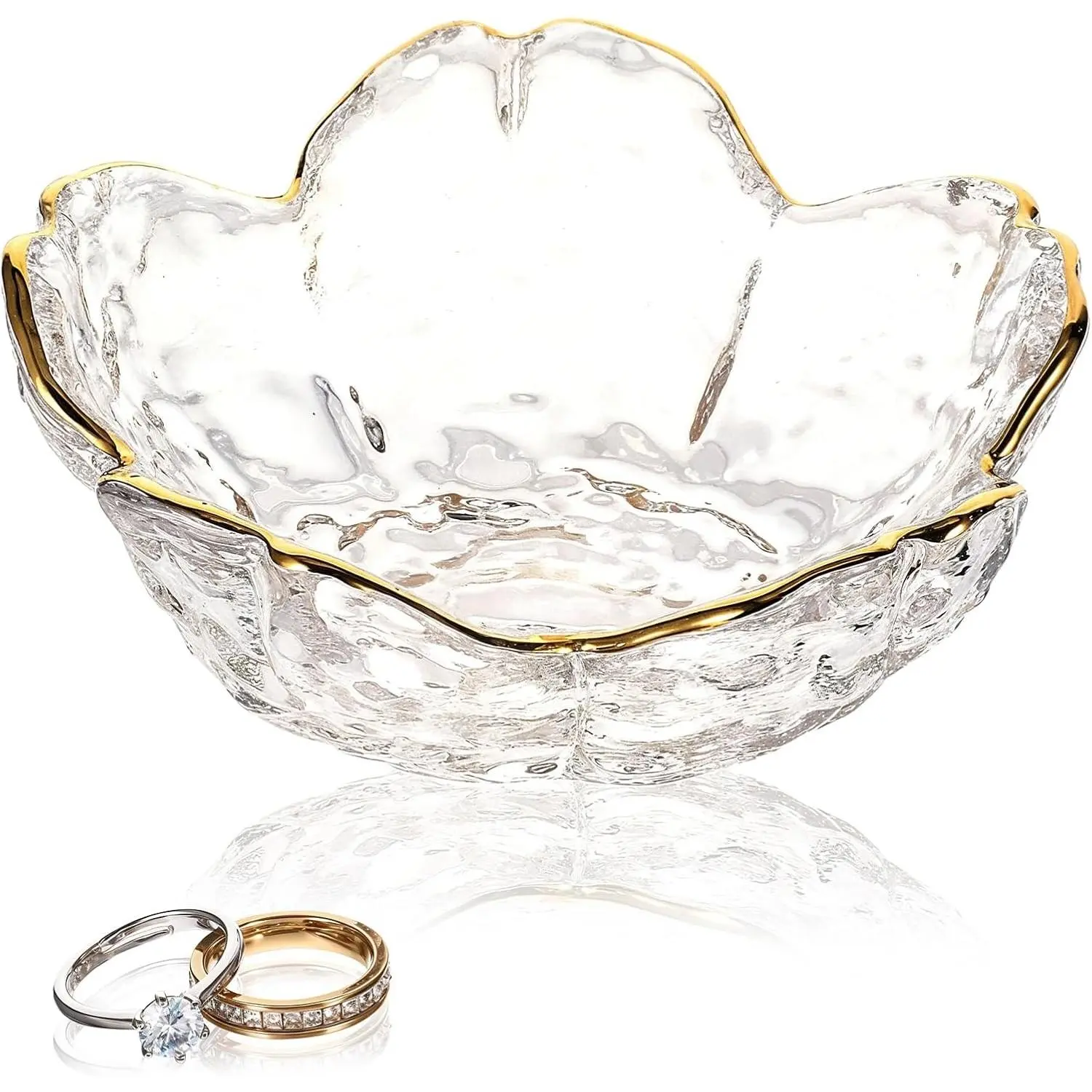 Small Cute Jewelry Dish Tray Flower Jewelry Ring Dish Trinket Tray Ring Holder for Women Glass Jewelry Plate Dish with Gilt-Edged Blossom Design Gift for Wife Mom Daughter(Transparent)