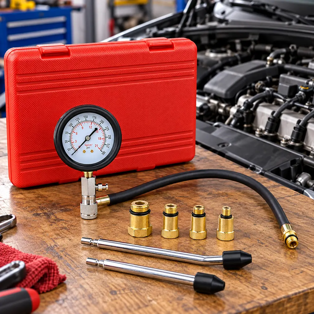 Universal petrol engine compression test tool kit, pressure relief valve, multi-thread adapters, dual-color pressure gauge, for fast cylinder pressure diagnosis, helps check piston ring valve and gasket issues